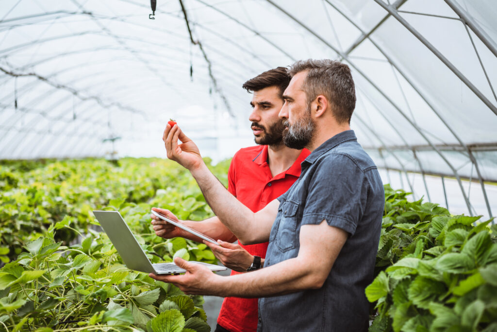 Greenhouse owner examining flowers and using laptop and touchpad at work.